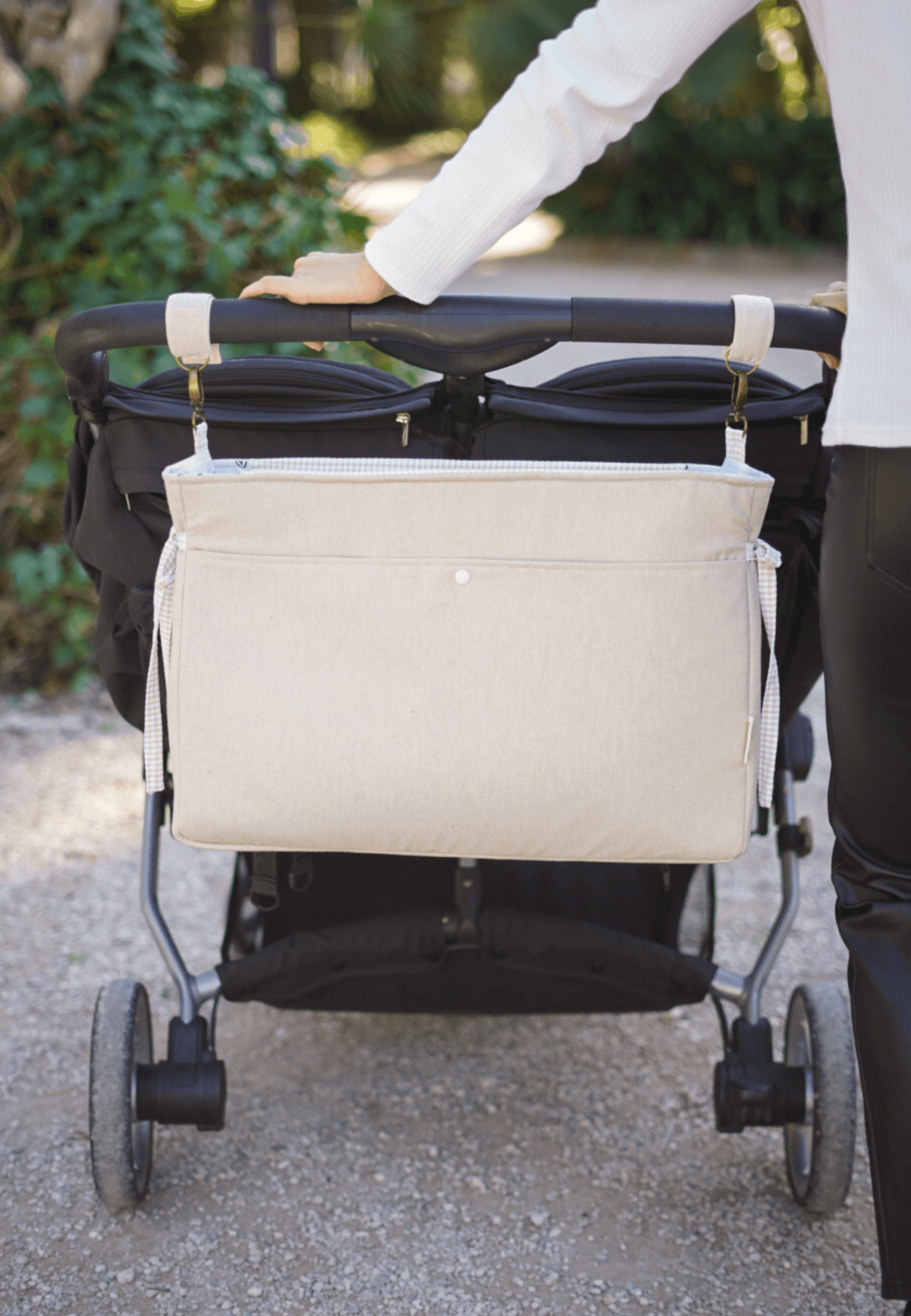 bolsa carro gemelar beige y detalles en vichy beige y blanco