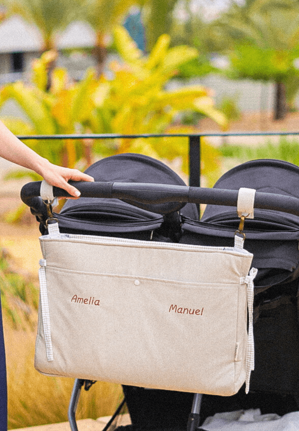 Bolso de carro para mellizos y gemelos personalizado beige con vichy con bordado de los nombres