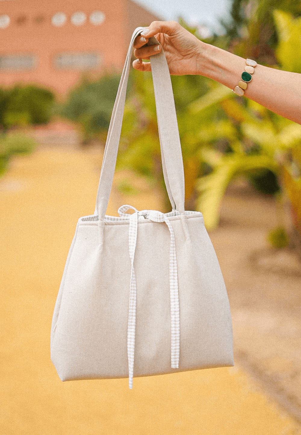 Bolso de tela arena beige con detalles en vichy beige y blanco para mujer personalizado