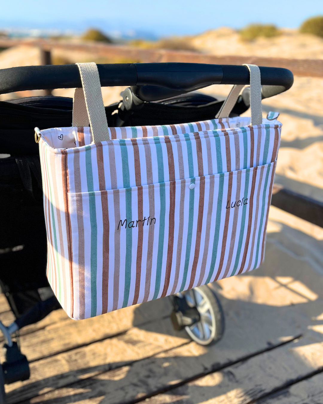 Bolso de carro gemelar – Riviera Stripe – Gran capacidad, organizado y personalizado