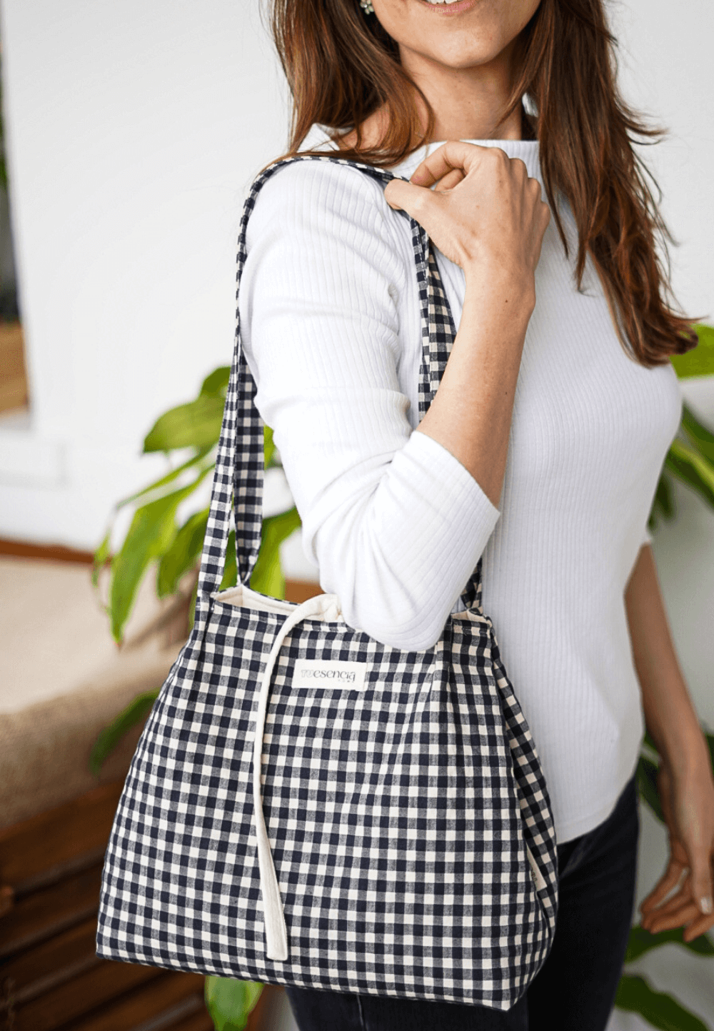 bolso de tela vichy negro para mujer