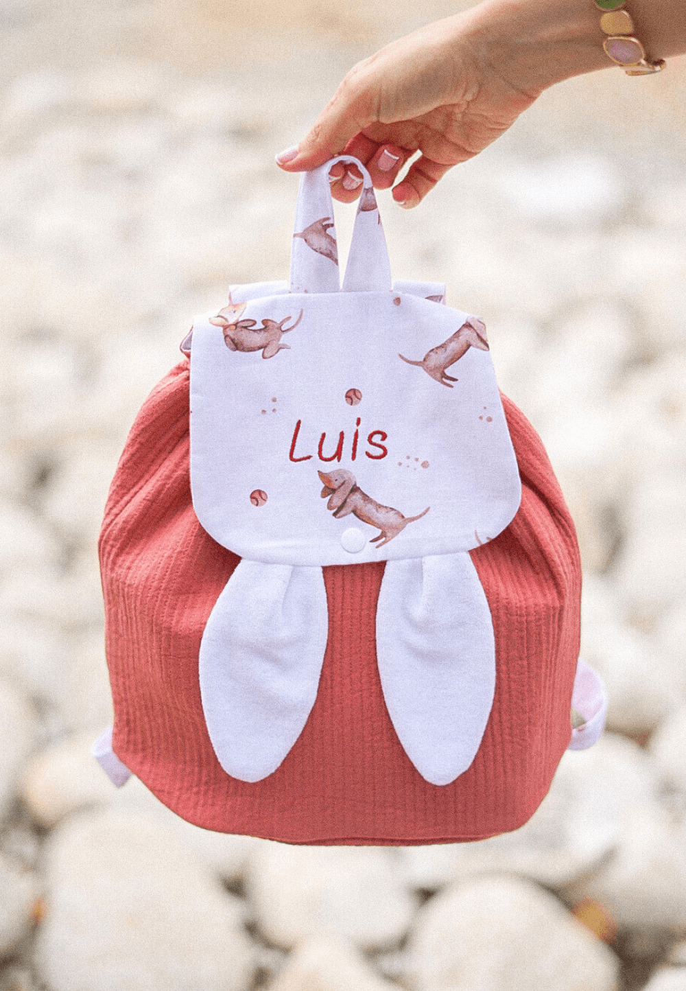 Mochila de tela para bebé perro salchicha