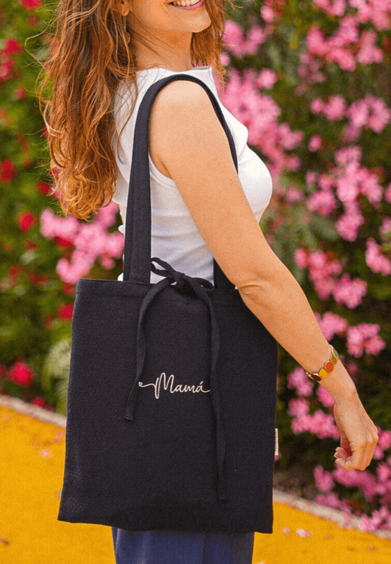 tote bag negra mamá regalo con lacitos algodón