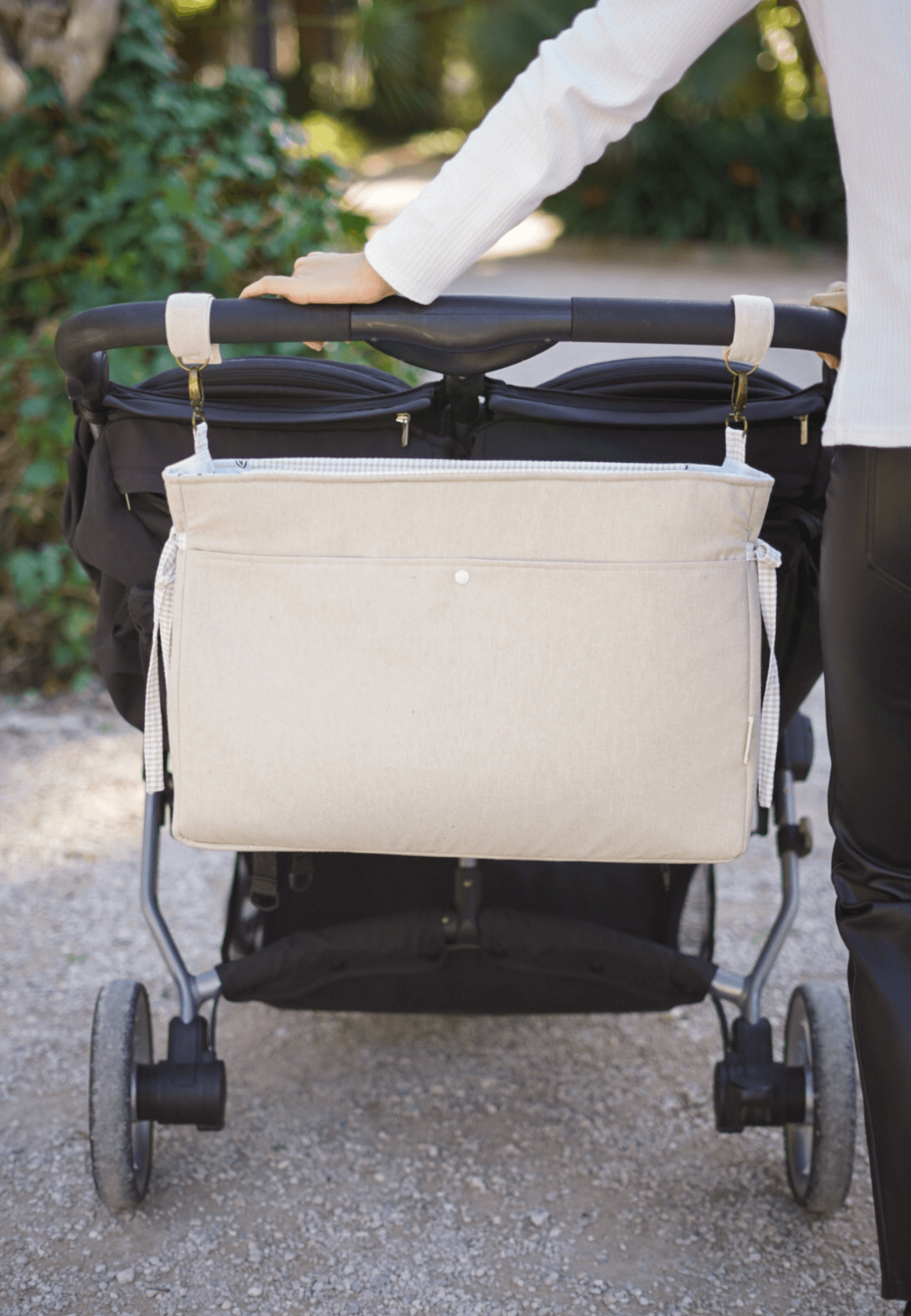bolsa carro gemelar beige y detalles en vichy beige y blanco