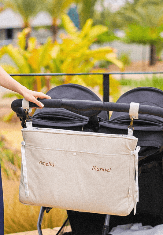 Bolso de carro para mellizos y gemelos personalizado beige con vichy con bordado de los nombres