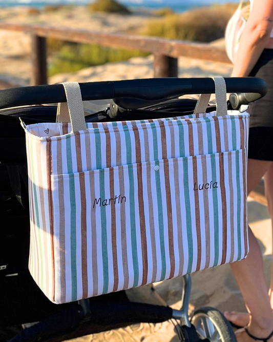 Bolso de carro gemelar – Riviera Stripe – Gran capacidad, organizado y personalizado