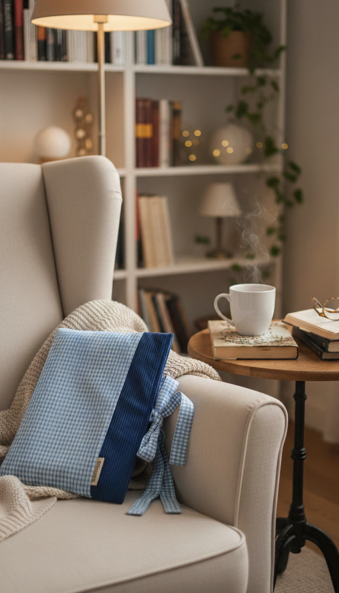 funda de libro con bolsillo azul vichy