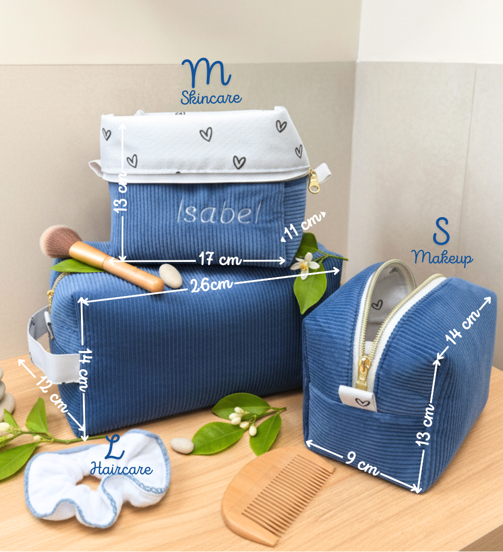 medidas set de neceseres viaje azul y corazones