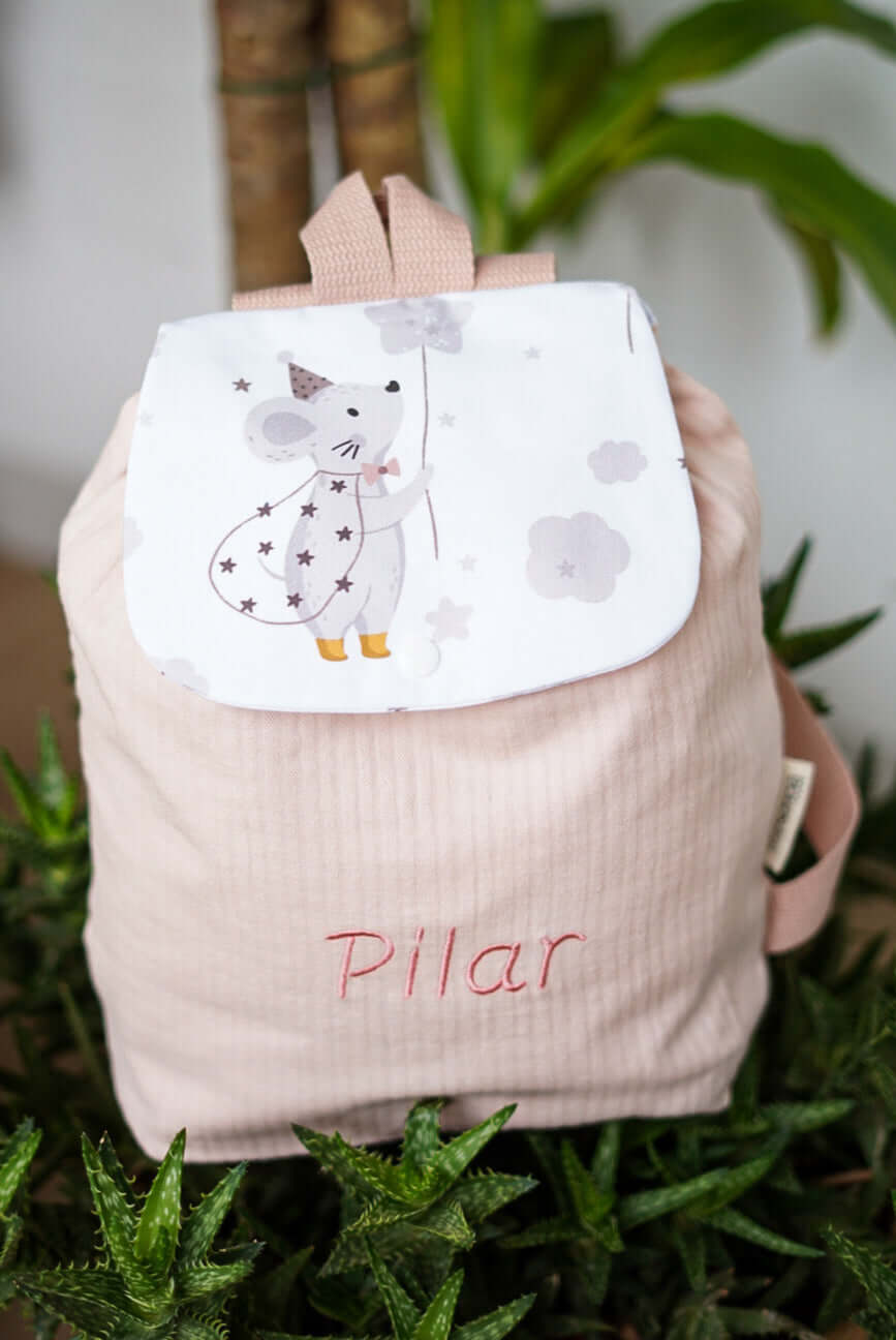 mochila rosa bebe personalizada bordada nombre