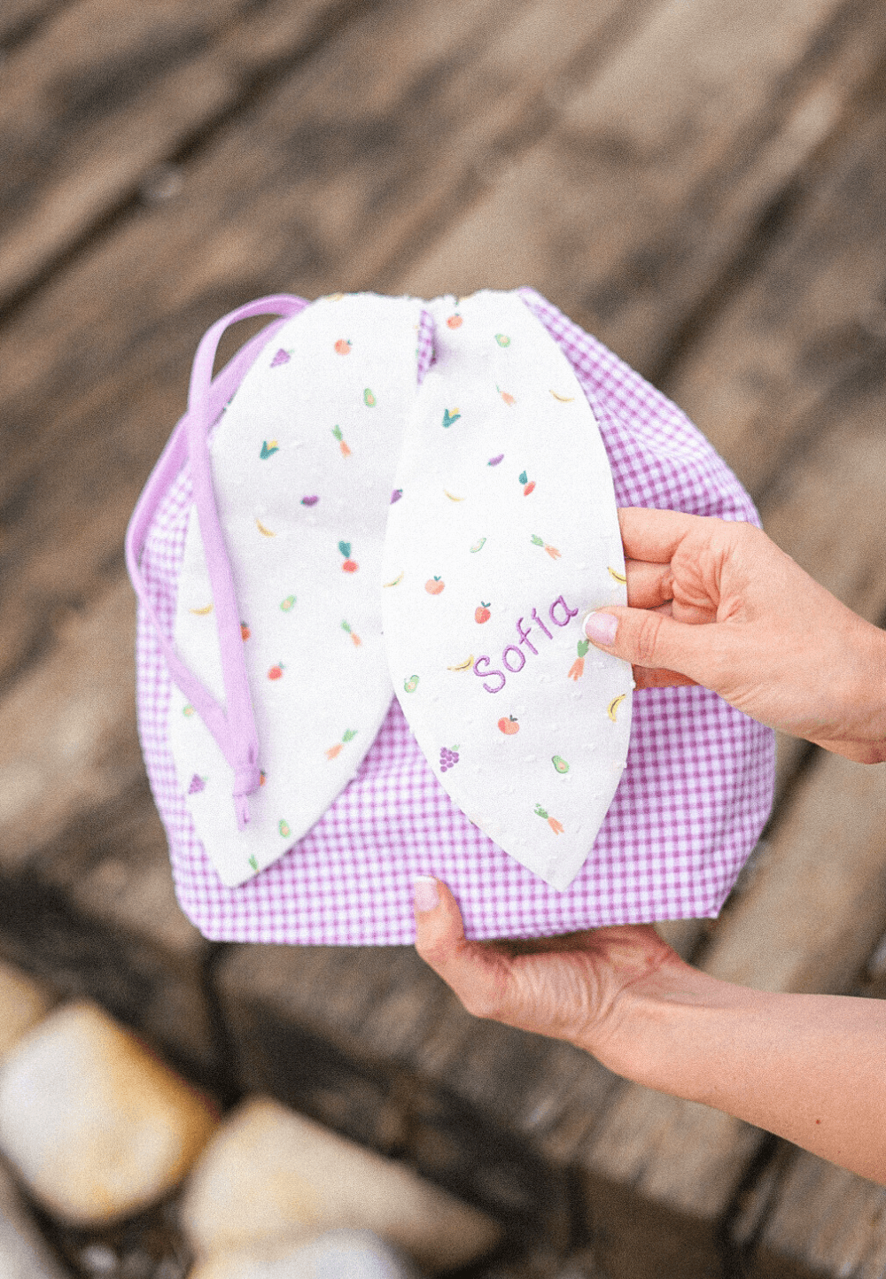 Bolsa de merienda personalizada Vichy y frutas