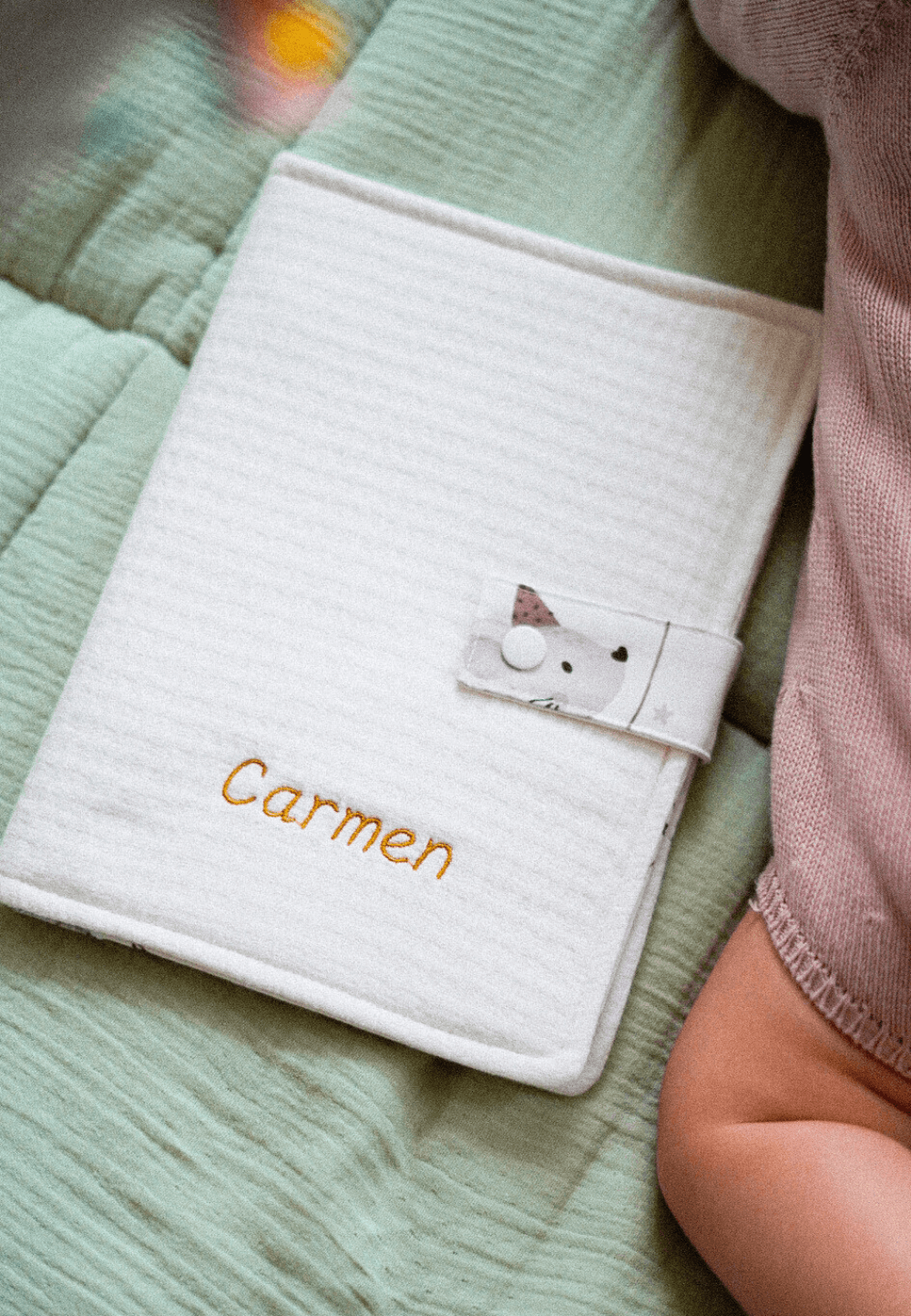porta documentos bebe personalizado nombre bordado con ratoncitos