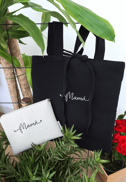 conjunto mamá regalo tote negra y neceser beige a juego